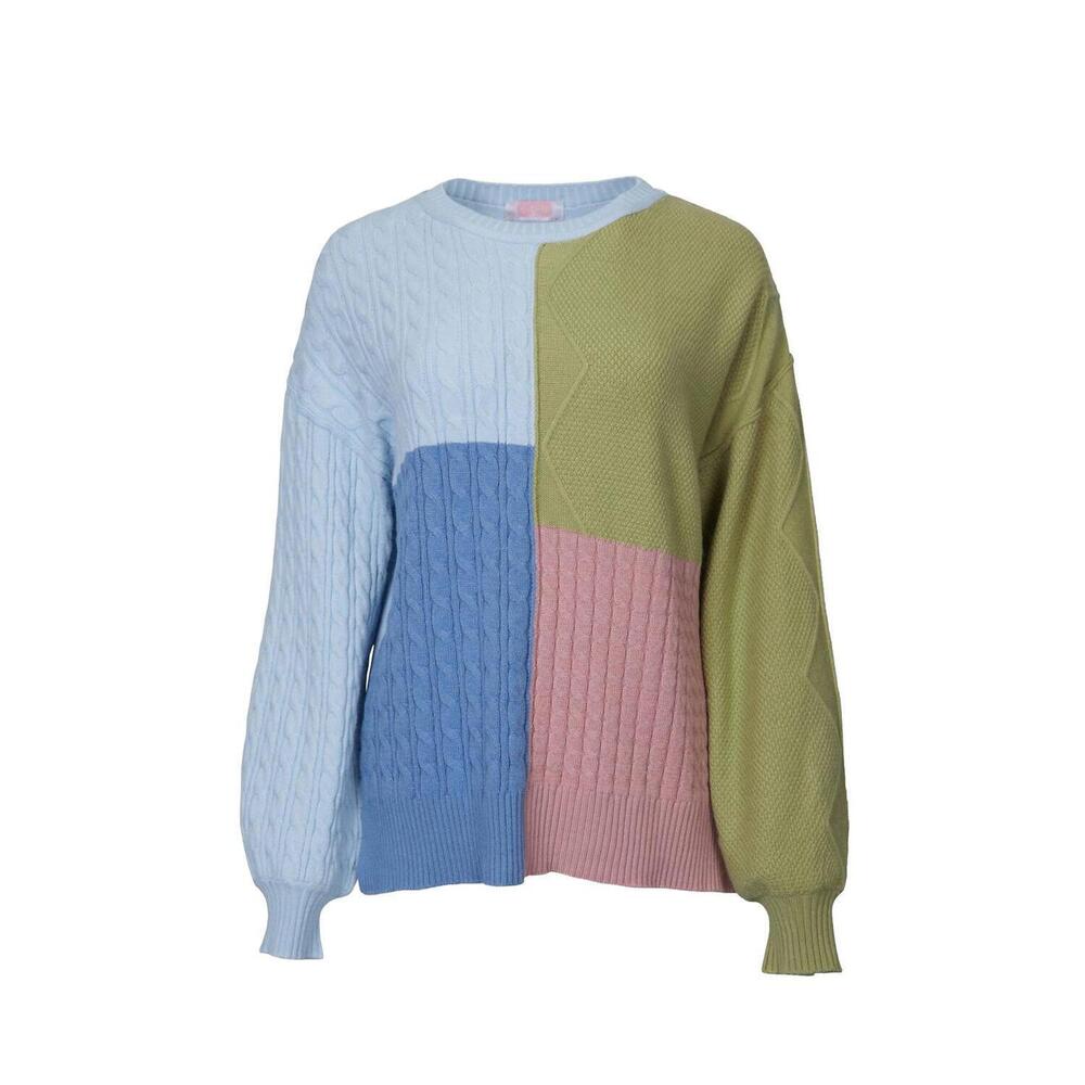 NEW ESLEY COLLECTION cable-knit colorblock sweater in brown/cream